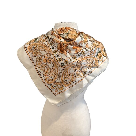 Vintage Floral Paisley Silk blend  Square Scarf Ivory & Gold Autumn Pattern - Picture 3 of 5